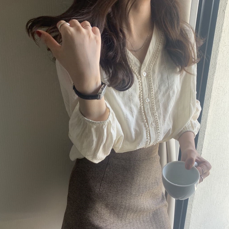 Vintage Fashion Hong Kong - Loose Long Sleeve V-Neck Women's Shirt