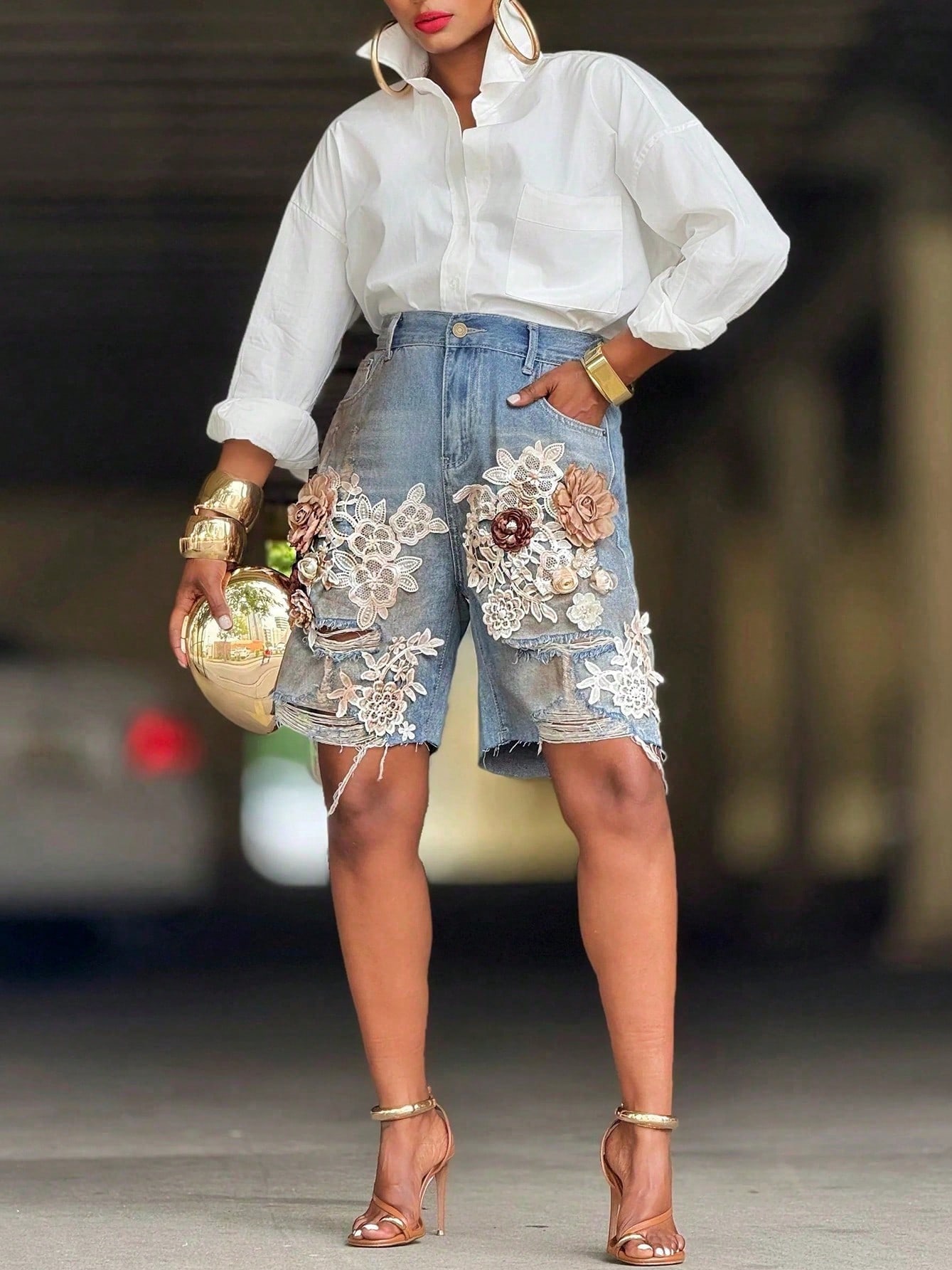 Vintage Fashion Outfit - GLOURI Women's Straight Leg Denim Bermuda