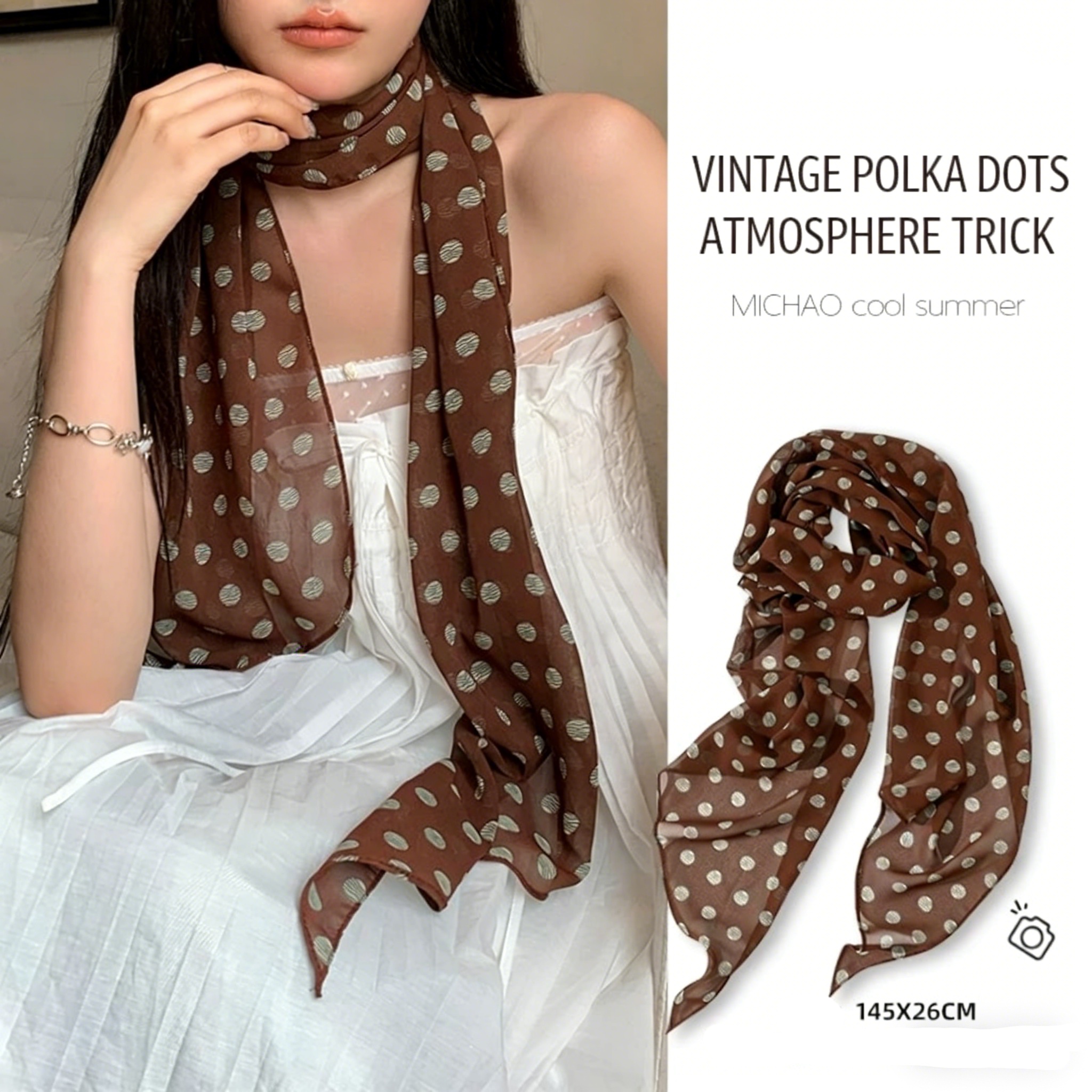 Vintage Fashion Outfit - Vintage Polka Dot Chiffon Scarf For