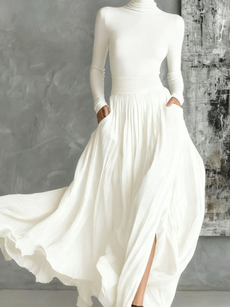 Vintage Fashion Outfit - Causal Long Sleeve Draped Long Skirt