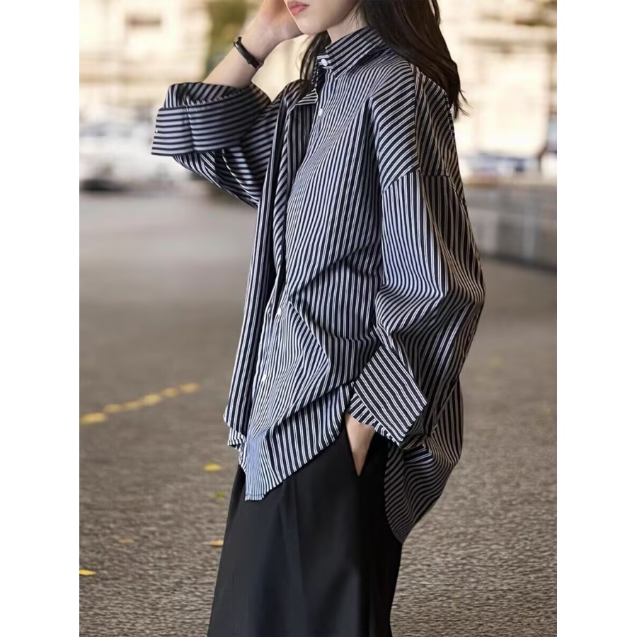 Blue Striped Loose Long Sleeve - Vintage Fashion Hong Kong ulasan dan harga