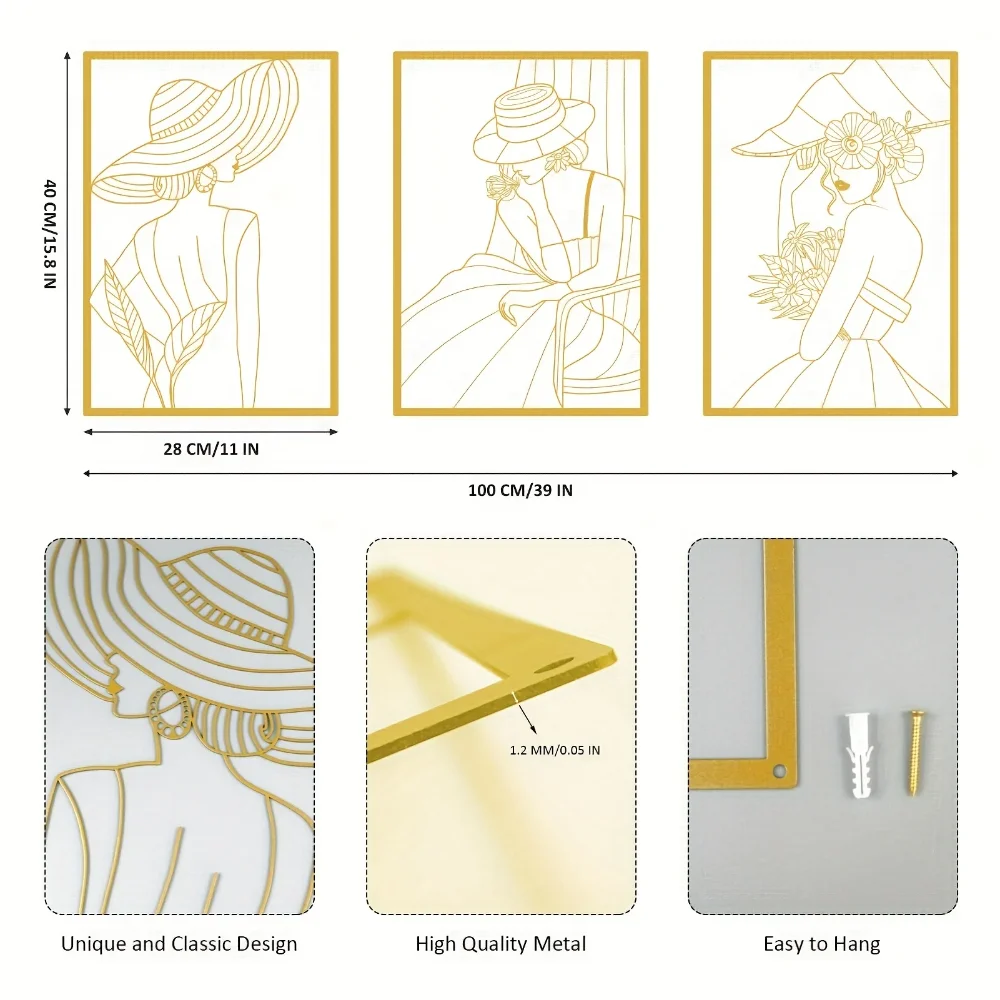 3 Pcs Fashion Lady Metal Wall  - Vintage Fashion Art ulasan dan harga