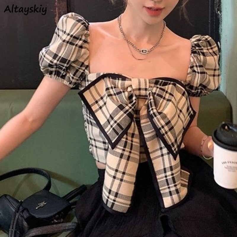 Plaid Blouses Women Y2k Summer - Vintage Fashion Club ulasan dan harga