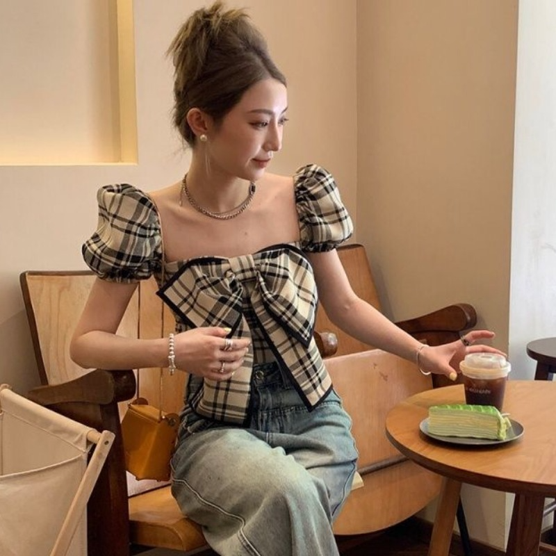Plaid Blouses Women Y2k Summer - Vintage Fashion Club ulasan dan harga