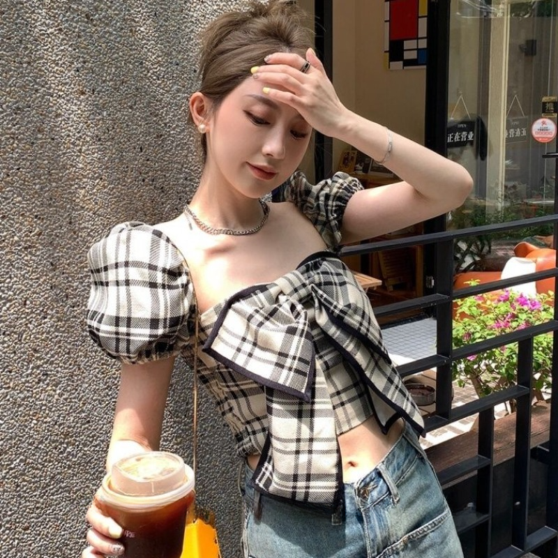 Plaid Blouses Women Y2k Summer - Vintage Fashion Club ulasan dan harga