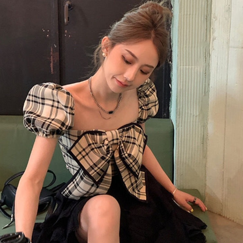 Plaid Blouses Women Y2k Summer - Vintage Fashion Club ulasan dan harga