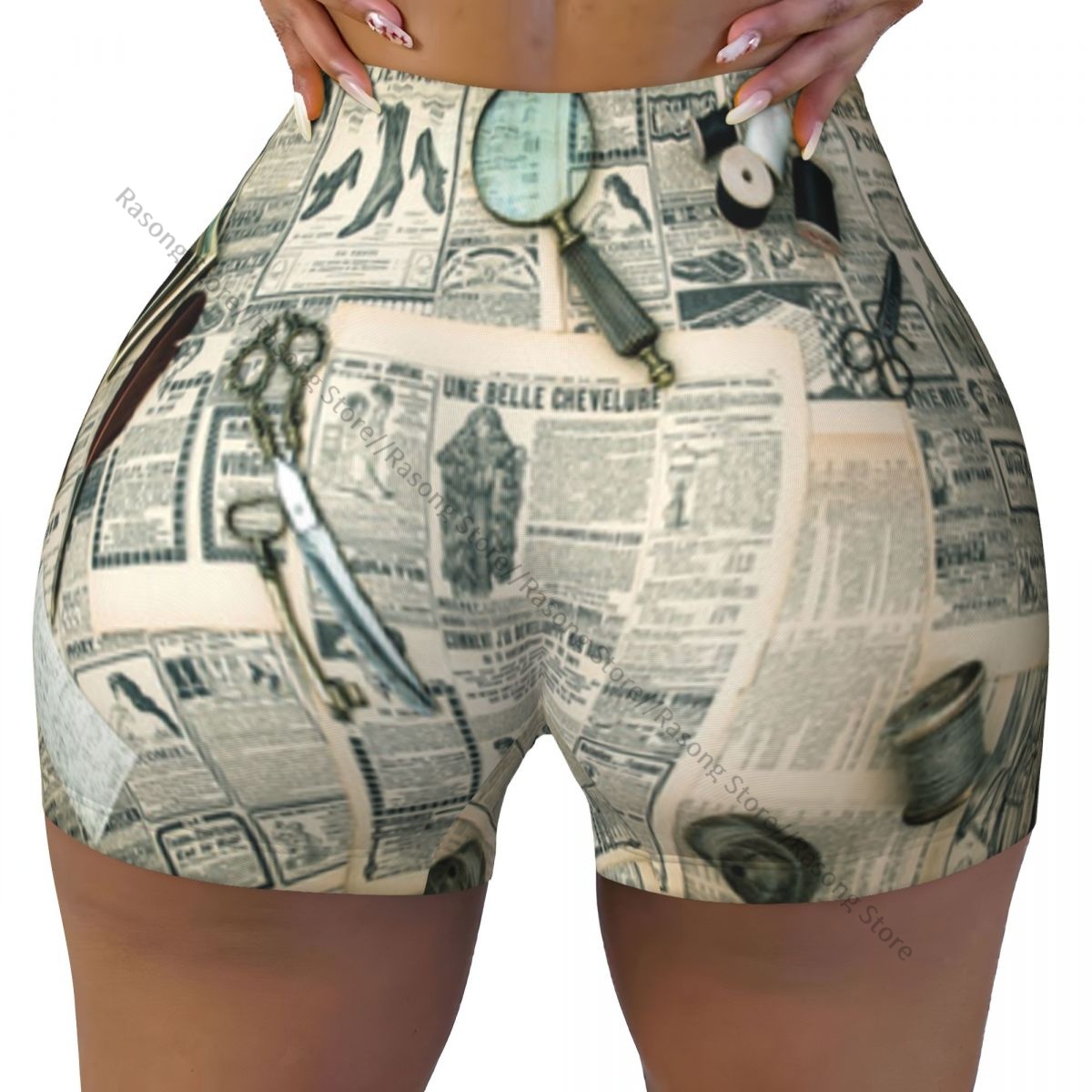 Women's Yoga Shorts Accessorie - Vintage Fashion Newspaper ulasan dan harga
