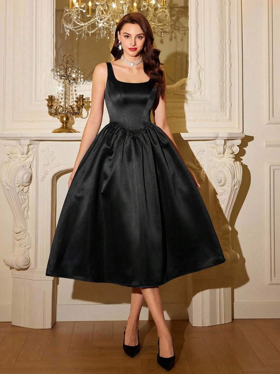 Elegant Black Vintage Midi Dre - Vintage Fashion Fabrics ulasan dan harga