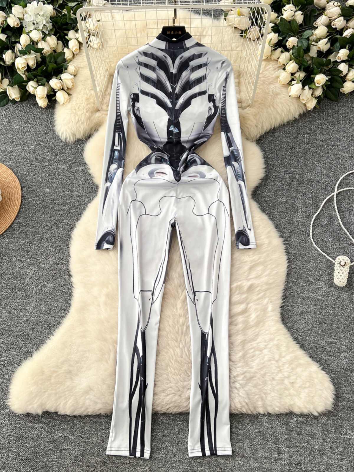 Women's Grey Print Jumpsuits V - Vintage Fashion Club ulasan dan harga