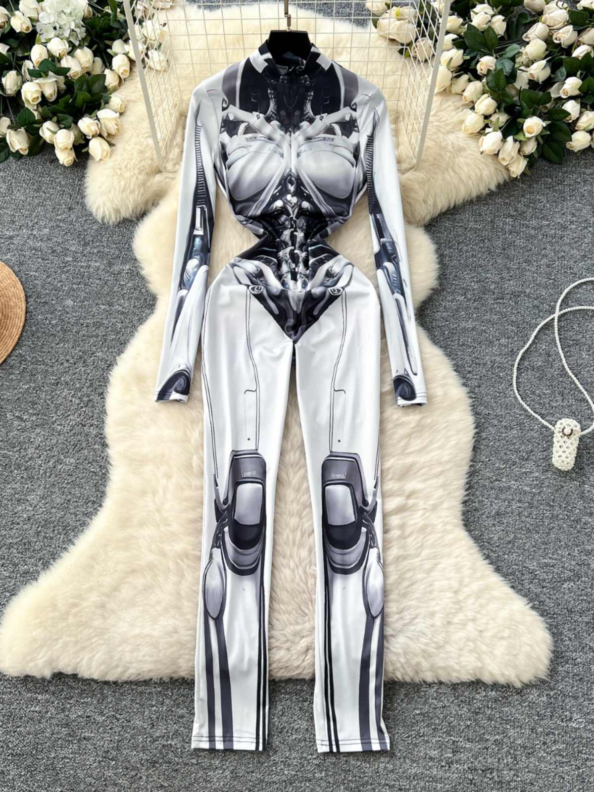 Women's Grey Print Jumpsuits V - Vintage Fashion Club ulasan dan harga